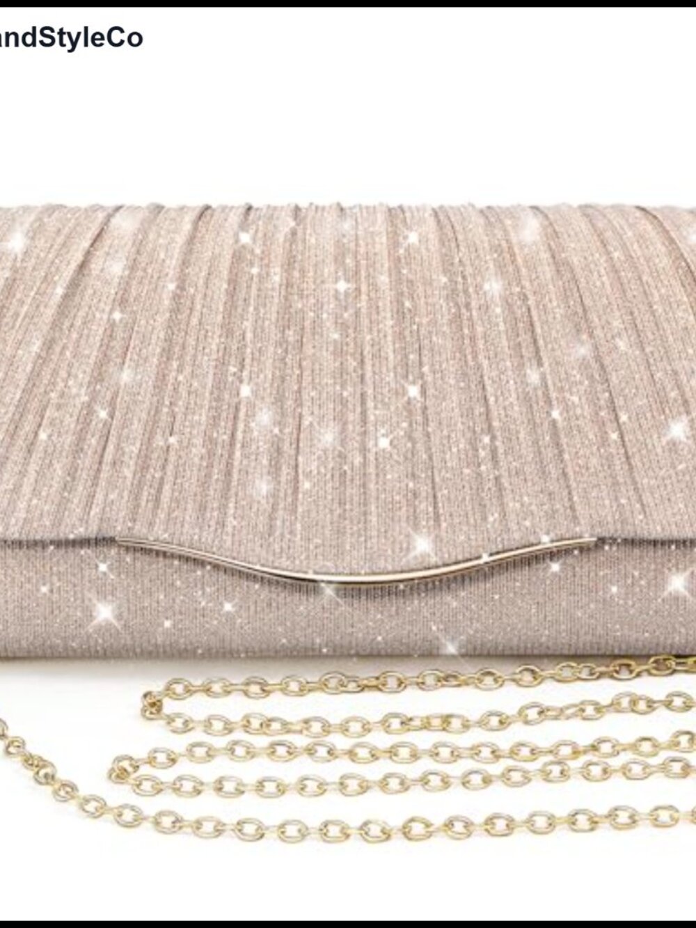 Champagne Sequin Evening Clutch Pleated Wristlet with Gold Chain - Formal